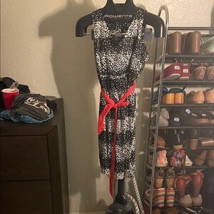 Maternity black and white dress with red tie